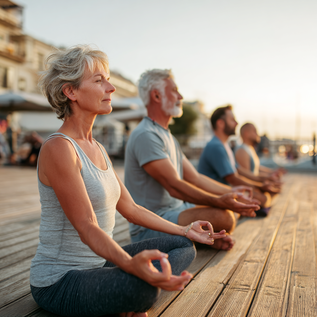 Middle-aged adults practicing gentle yoga poses on outdoor wooden platform